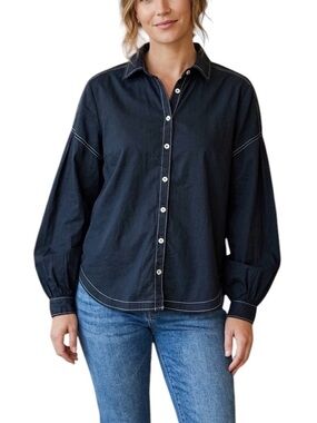 MAEVE ANTHROPOLOGIE Black Long Sleeve Button Down Top White Stitching Size 8